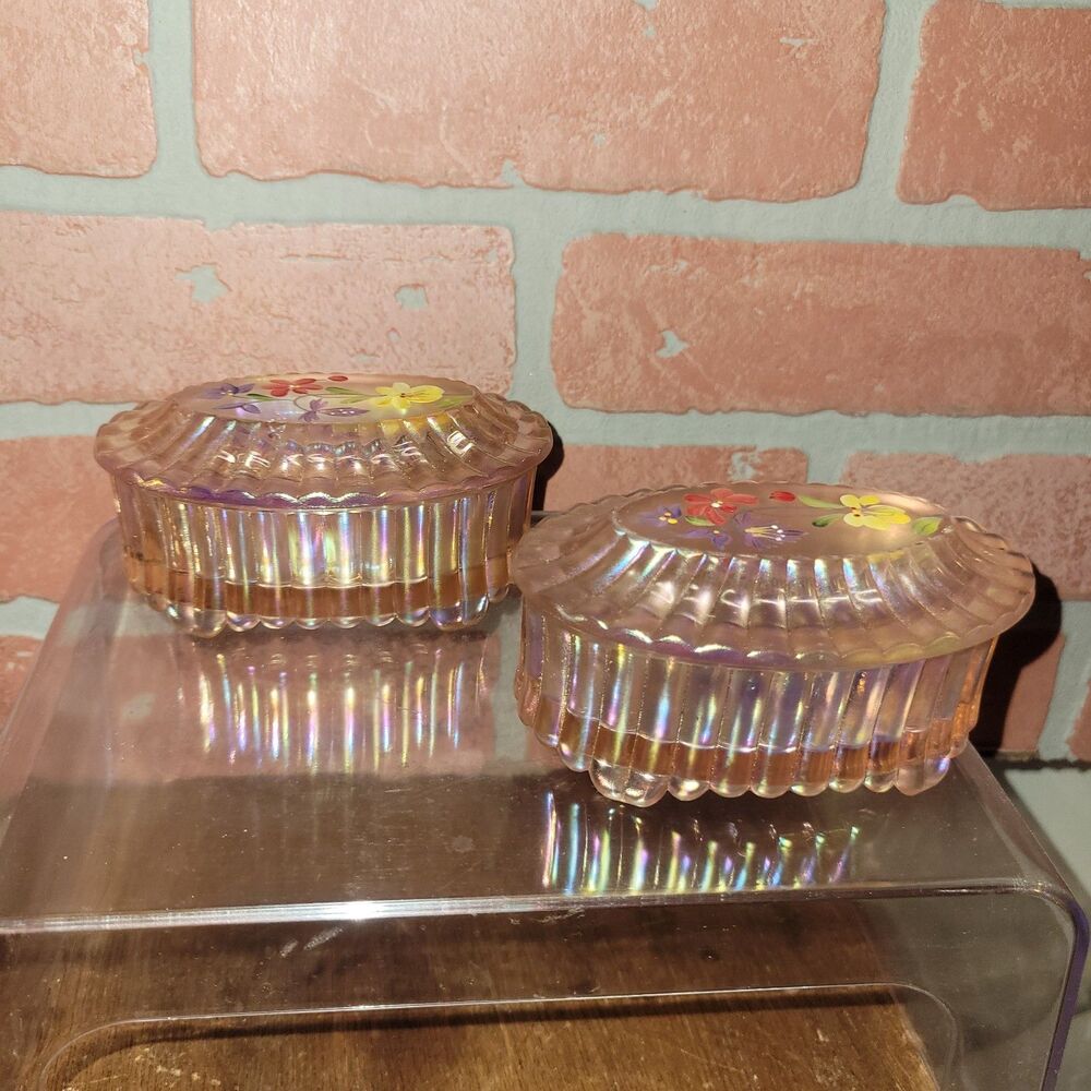 Fenton Pink Iridescent Glass Trinket Box Hand Painted Floral Oval Signed Lot 2
